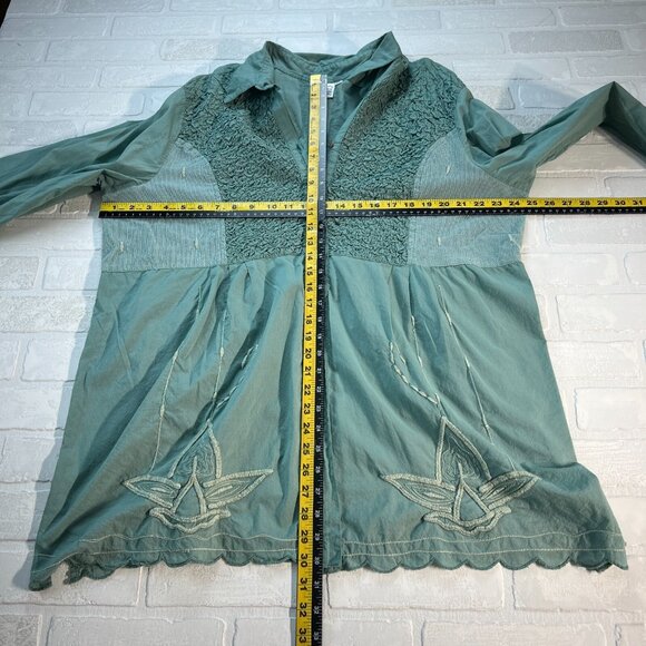 Parsley & Sage Tunic Top Womens 2X Green Blue Mixed Media Embroidered Button Up - Picture 2 of 15